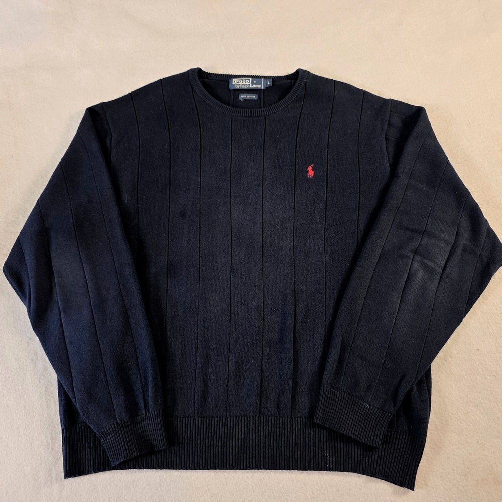 Polo Ralph Lauren Mens Navy Blue Cotton Ribbed Crewneck Sweater Large